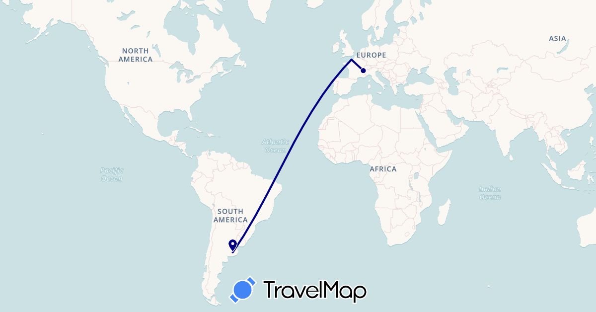 TravelMap itinerary: driving in Argentina, France (Europe, South America)